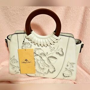 Patricia Nash Leather Lyon Satchel with Detachable Crossbody Strap Color white